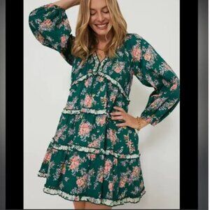 Tuckernuck Hyacinth House Floral Green Tiered Long Sleeve Crawford Mini Dress